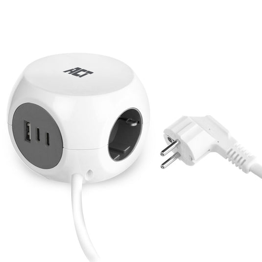 Act connectivity stekkerdoos kubus met 3 stopcontacten, 30w power delivery usb-c a poorten, kabellengte 1,5m stekkerdoos (wit, type f)