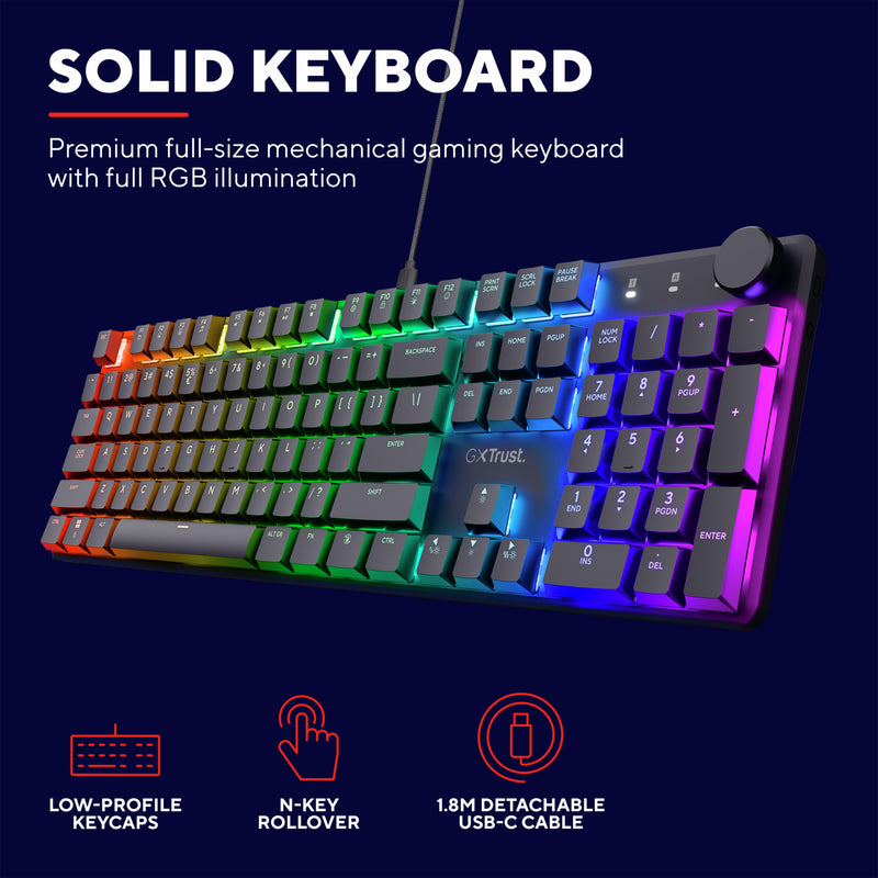 Load image into Gallery viewer, Trust gxt 866 torix mechanisch gaming toetsenbord (zwart, us lay-out (qwerty), huano red, 100%, rgb)
