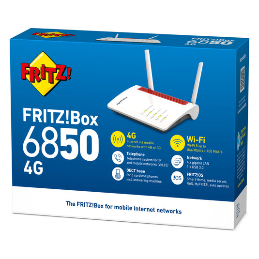 Fritz! box 6850 4g edition international router (wit rood, mesh wi-fi, 4g 3g)
