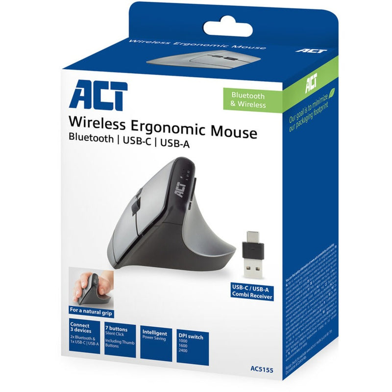 Load image into Gallery viewer, Act connectivity draadloze ergonomische muis met bluetooth en usb-c usb-a (zilver zwart, 1000 - 2400 dpi)
