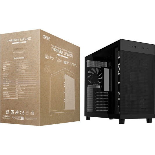 Asus prime ap303 - tempered glass panel midi tower behuizing (zwart | 2x usb-a | 1x usb-c | tempered glass)