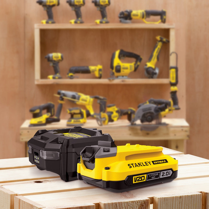 Load image into Gallery viewer, Stanley fatmax 18v startset 1x 2,0ah accu + lader v20 oplader (zwart geel)
