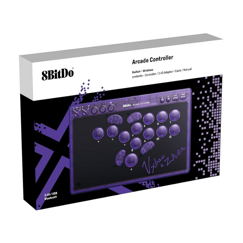 Afbeelding laden in galerijviewer, 8bitdo arcade controller - transparent purple signature edition (paars transparant, 2.4 ghz bluetooth usb, nintendo switch 1 + 2, pc)
