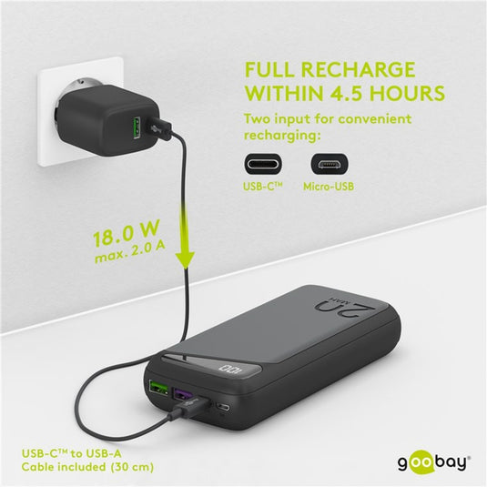 Goobay quick charge powerbank 20.000 mah - 74 wh (zwart, usb-c pd, qc 3.0)