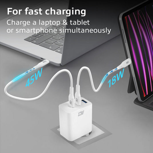 Act connectivity usb-c usb-a lader 65w 3-poorts met power delivery pps, quickcharge en ganfast (wit)