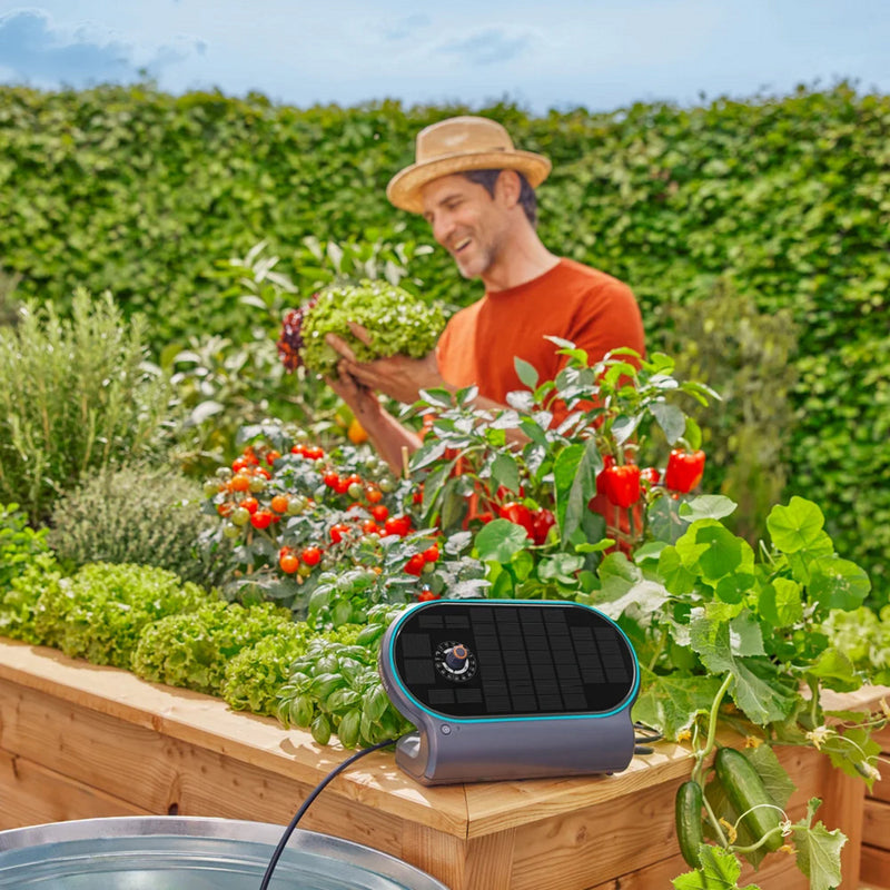 Load image into Gallery viewer, Gardena aquabloom set l voor bewatering op zonne-energie besproeiingscomputer (grijs turquoise, automatisch besproeiingssysteem, accu inbegrepen)
