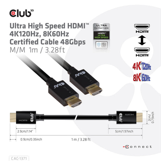 Club 3d ultra high speed hdmi 2.1 gecertificeerde kabel male-male (zwart, 1 meter, 4k 120hz, 8k 60hz, 48gbps)