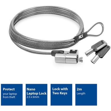 Act connectivity nano laptopslot met sleutels diefstalbeveiliging (grijs, 2 meter)