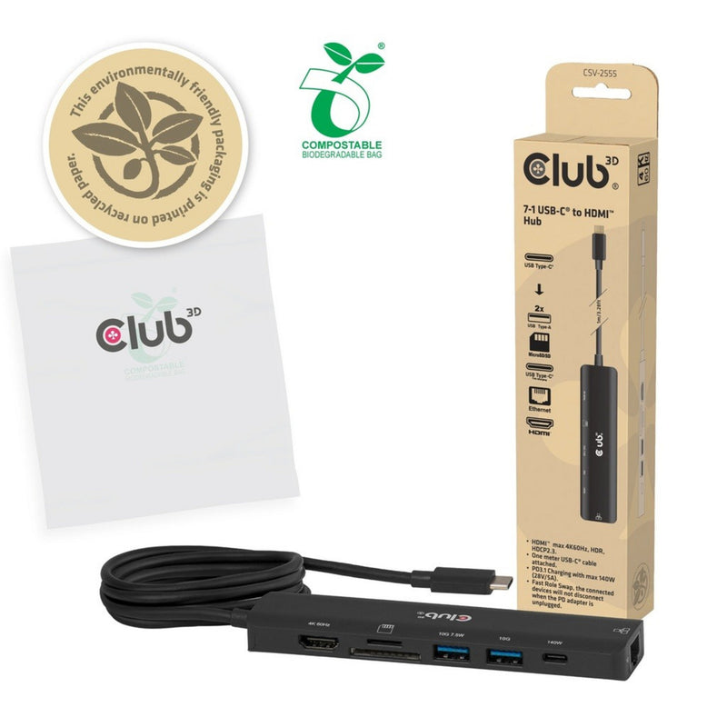 Afbeelding laden in galerijviewer, Club 3d csv-2555 7-1 usb-c naar hdmi hub (zwart, 4k60hz, pd3.1 140w, usb-a, usb-c, lan, microsd)

