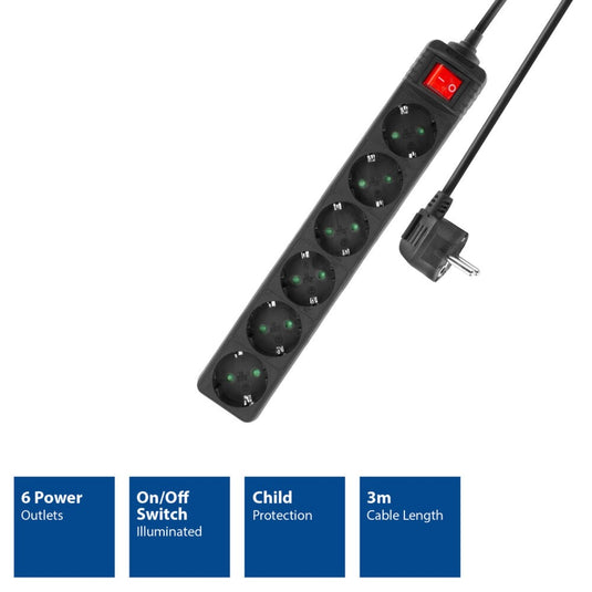 Act connectivity stekkerdoos met lichtgevende schakelaar, 6 sockets, 3 m, zwart stekkerdoos (zwart)