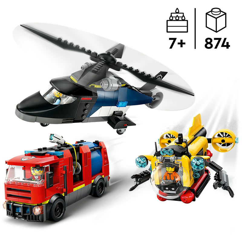 Load image into Gallery viewer, Lego city - helikopter, brandweerauto en onderzeeër remix constructiespeelgoed (60462 | set van 3 modulaire voertuigen)
