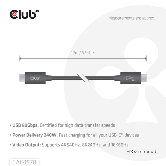 Club 3d usb-c 80gbps certified 240w 8k 240hz kabel (zwart, 1.2m)