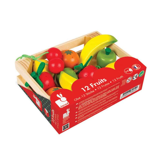 Mertex janod 12 stuks houten fruit in houten kistje