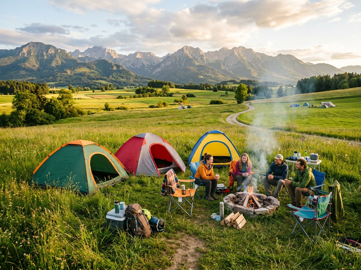 Outdoor kamperen hero - camping scene with tents and mountains