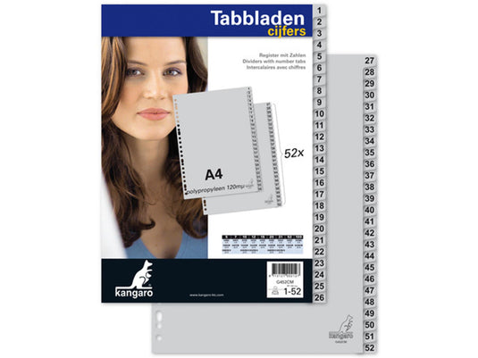 Kangaro tabbladen - a4 - 52-delig met cijfers - pp 120 micron - grijs - 23-gaats