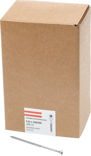 Hoenderdaal fasteners hoenderdaal spaanplaatschroef verzinkt platkop deeldraad torx tx25 5.0x100 60 | 200 stuks - 0206.01.42601