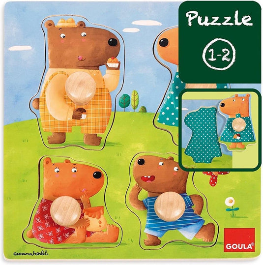 Goula puzzel - houten knopjespuzzel met 4 beren - 4 stukjes