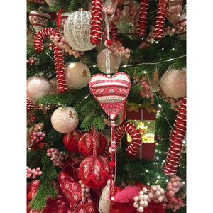 Decoris decohanger hart textiel 9x1,5x55cm rood-wit met kwastjes en kralen