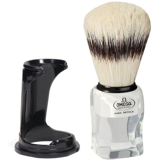 Omega scheerkwast varkenshaar met dassenhaareffect transparant + standaard 11cm