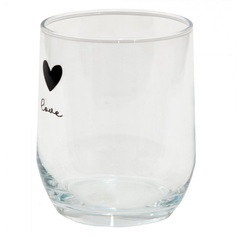 Afbeelding laden in galerijviewer, Clayre eef transparant drinkglas met zwart hartje en het woord love . ø8x9cm 300ml
