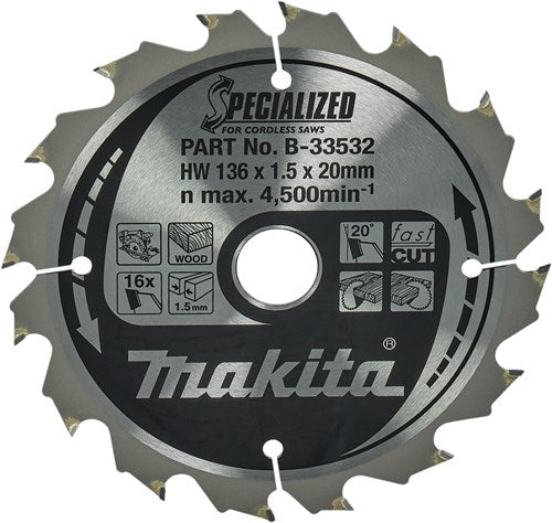 Load image into Gallery viewer, Makita accessoires cirkelzaagblad | hout | 136x20x1,5 16t 20g - b-33532
