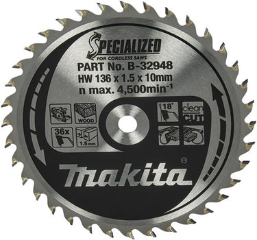 Makita accessoires cirkelzaagblad hout specialized 136x10x1,5 36t 18g - b-32948