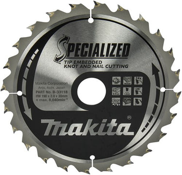 Makita accessoires makita cirkelzaagblad voor hout | specialized: noest spijker | ø 190mm asgat 30mm 24t - b-33118