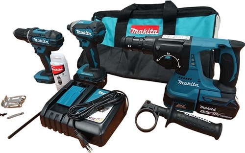 Makita dlx3089t combiset - dhp482 klopboormachine + dtd153 slagschroevendraaier + dhr243 boorhamer 18v 5,0 ah accu (2 st) in tas