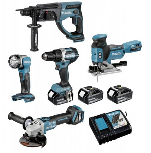 Load image into Gallery viewer, Makita dlx5044tj | lxt accu combiset 18v boorhamer + decoupeerzaag + haakse slijper + lamp + boormachine in koffer (3x 5.0ah accu + lader) - dlx5044tj
