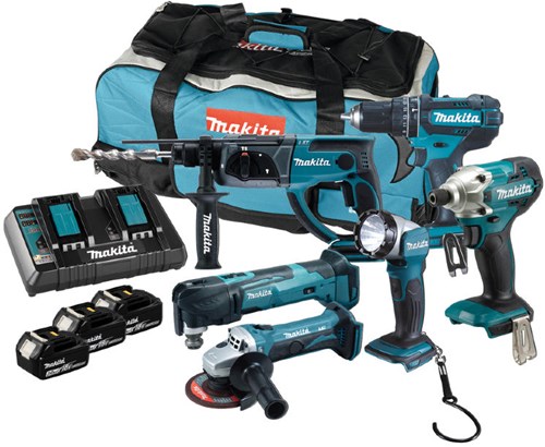 Load image into Gallery viewer, Makita dlx6100px1 | lxt accu combiset 18v dhp482 + dhr202 + dtm51 + dtd156 + dga452 + dml802 in tas (3x 3.0ah accu + dc18rd duolader) - dlx6100px1
