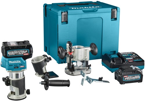 Load image into Gallery viewer, Makita rt001gm205 boven- en kantenfrees | 40 v max | 2 x 4.0 ah accu + snellader | incl. diverse voeten | in mbox rt001gm205
