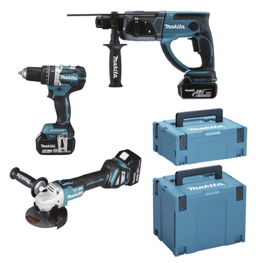 Makita dlx3093tj 18v lxt 3 delige set: dga513 haakse slijper + dhp484 (klop)boormachine + dhr202 boorhamer met 3 x 5.0ah accu's - dlx3093tj