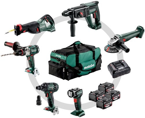 Metabo combo set 6.1 | accu-machines set | 18v | sb 18 ltx | kh 18 ltx 24 | w 18 l 9-125 quick | ase 18 ltx | ssw 18 ltx 300 bl | ula 14.4-18 led | in gereedschapstas 685211000