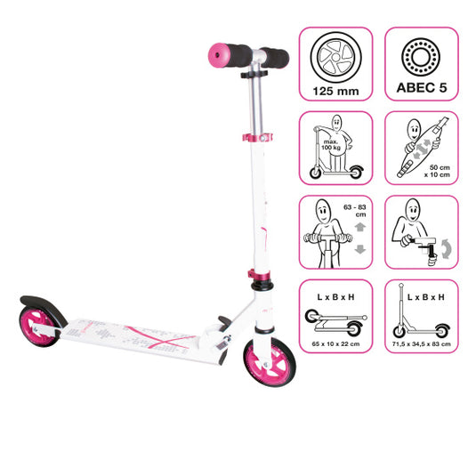 Muuwmi 2-wiel Kinderstep Opvouwbaar Voetrem Wit Roze