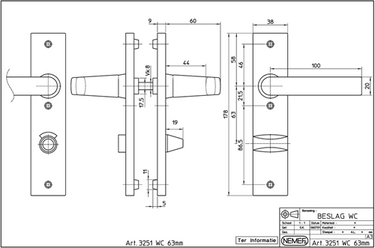 Nemef 3251 wc rs beslag kortschild rechthoekig | blok kruk-kruk | beslagset | geveerd | krukstift 8mm | f1 aluminium | wc63 | draairichting rechts - 9325122631