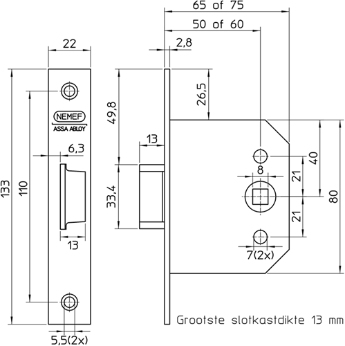 Afbeelding laden in galerijviewer, Yale nemef_ 55 loopslot | dm50mm | krukgat 8mm | voorplaat staal verzinkt 22x133mm rechthoekig | zamac verzinkte dagschoot | dr 1+2+3+4 - 9005500535
