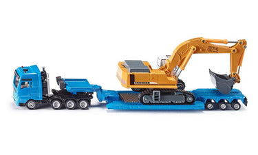 Siku 1847, vrachtwagen met dieplader voor zwaar transport, 1:87, metaal kunststof, blauw geel, ontkoppelbare aanhanger