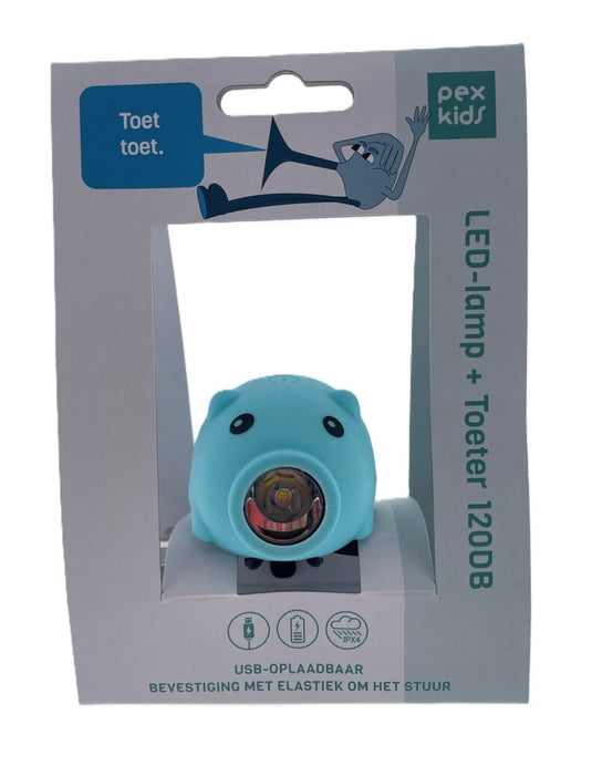 Pexkids fietstoeter varken met led lamp usb blauw