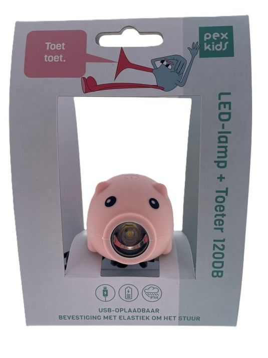 Pexkids fietstoeter varken met led lamp usb roze