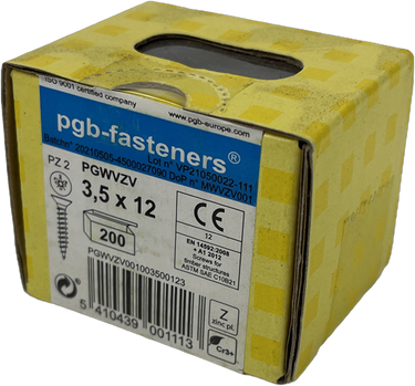 Pgb-europe pgb-fasteners | spaanplaatschroef vk-z ø 3,5x12 zn | 200 st - pgwvzv001003500123