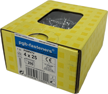 Pgb-europe pgb-fasteners universele spaanplaatschroef vk-t voldraad verzonken kop ø4,0x25 zn tx20 | 200 st | pgwvtv001004000253