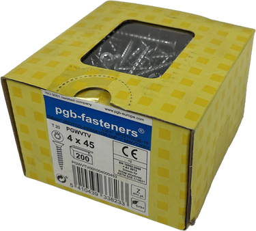 Pgb-europe pgb-fasteners universele spaanplaatschroef vk-t voldraad verzonken kop ø4,0x45 zn tx20 | 200 st | pgwvtv001004000453