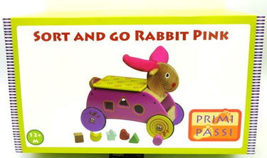 Jonotoys primi passi - houten vormen- en loopwagen konijn roze