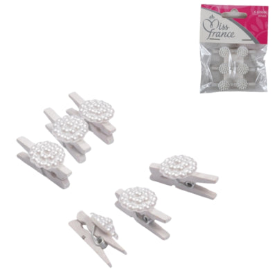 Miss france decoratie bloem op clip wit 2,5 cm set van 6 | 24 stuks