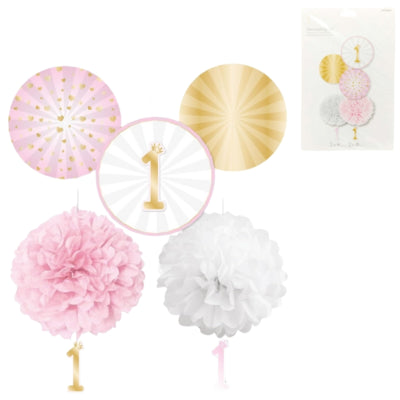 Load image into Gallery viewer, Amscan decoratieset 1e verjaardag papier roze 5-delig | 12 stuks
