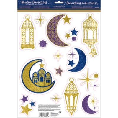 Load image into Gallery viewer, Amscan raamsticker oosters glitter goudkleurig 30 x 43 cm | 24 stuks
