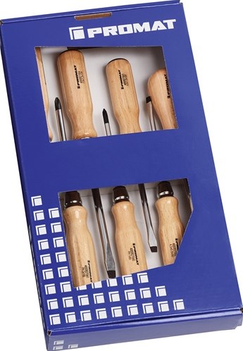 Promat tecwerk schroevendraaierset | 7-delig sleuf ph priem | houten greep | ronde kling met 6-kant aanzet - 4000827119