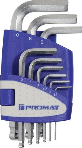 Promat tecwerk set haakse zeskantschroevendraaier | 9-delig kunststof houder | sw 1,5-10 mm | kort kogelkop s2-staal - 4000825123
