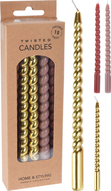 Home styling kaarsjes gedraaid 17cm set a 10 stuks goud roze dia1,2 cm