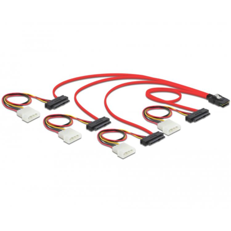 Load image into Gallery viewer, Delock mini sas sff-8087 > 4 x sas sff-8482 + power adapter (rood zwart, 1 meter)
